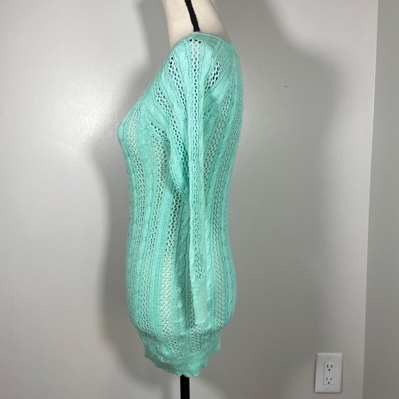 SO Teal Crew Neck Eyelet Embroidered Hem 3/4 Sleeve Pullover Sweater XS - Picture 10 of 12